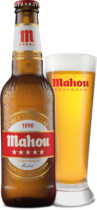 Botella y copa Mahou